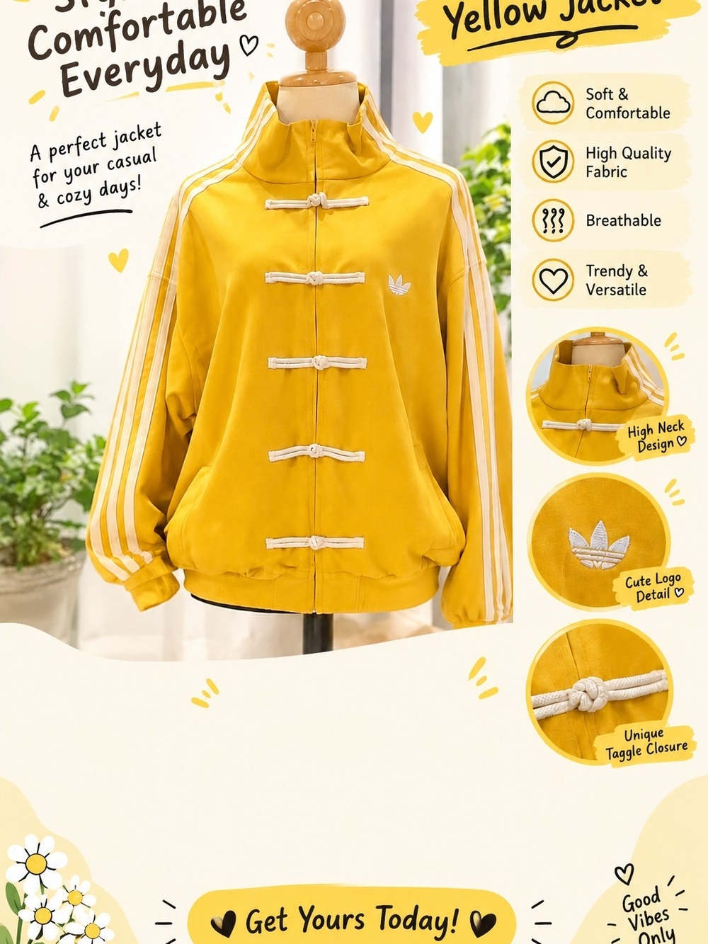 adidas Yellow High-Neck Bomber Jacket with Toggle Closures